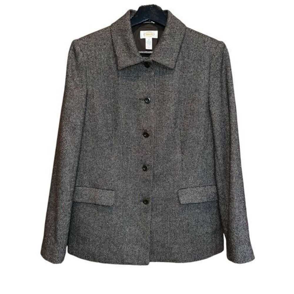Talbots Wool Tweed Blazer Womens 8 Olive Brown Pockets Classic Jacket